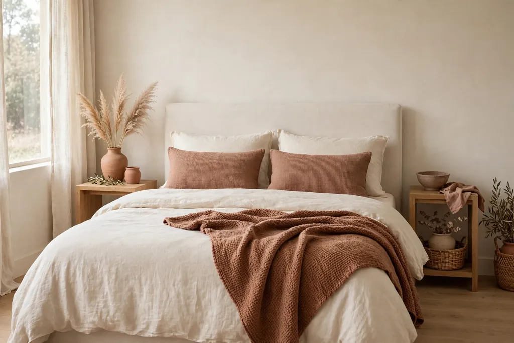Cream bedroom bed with muted clay cushions and a clay throw.
