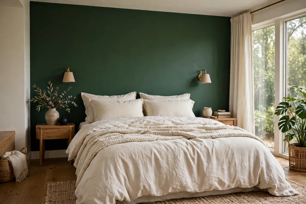 Bedroom with a forest green accent wall and cream linen bedding.