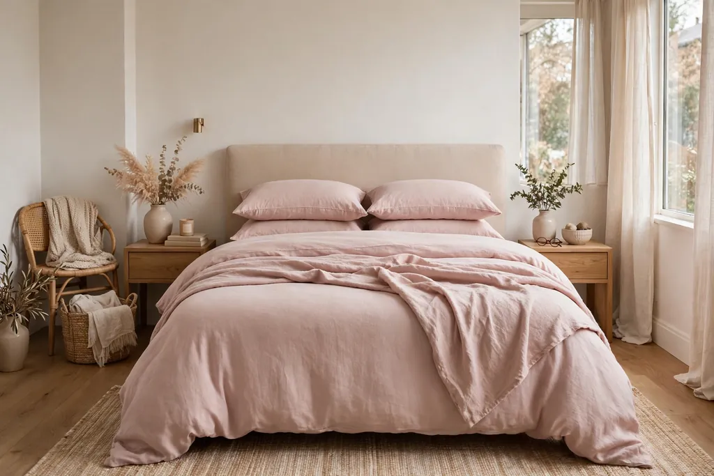 Bedroom with muted blush pink bedding and warm white walls.