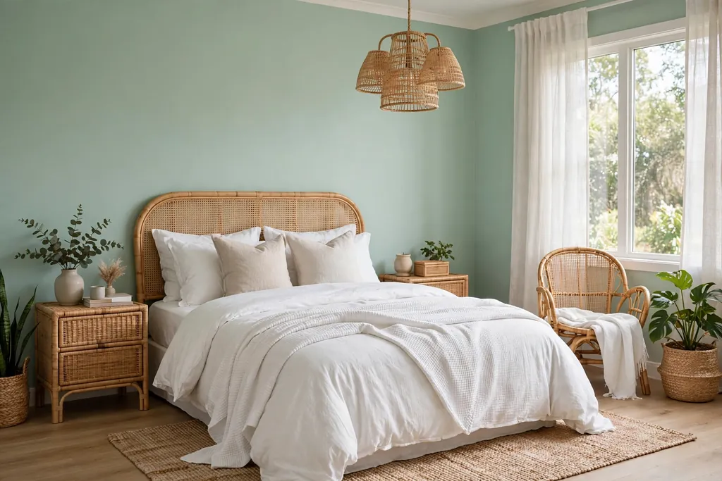 Bedroom with seafoam walls, white bedding, and rattan furniture.