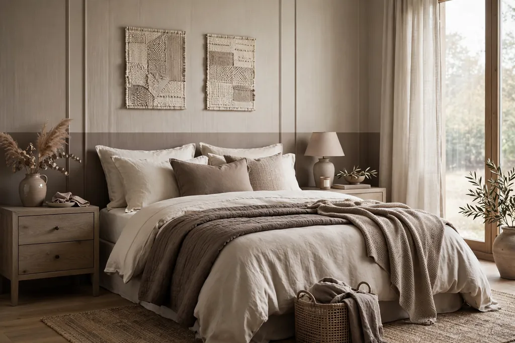 Bedroom in tone on tone taupe from ivory to deep taupe.
