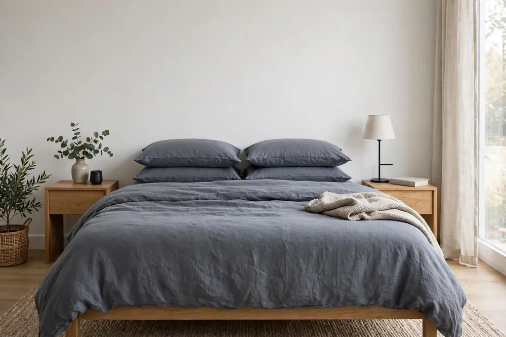 Bedroom with slate grey bedding and plain white walls.