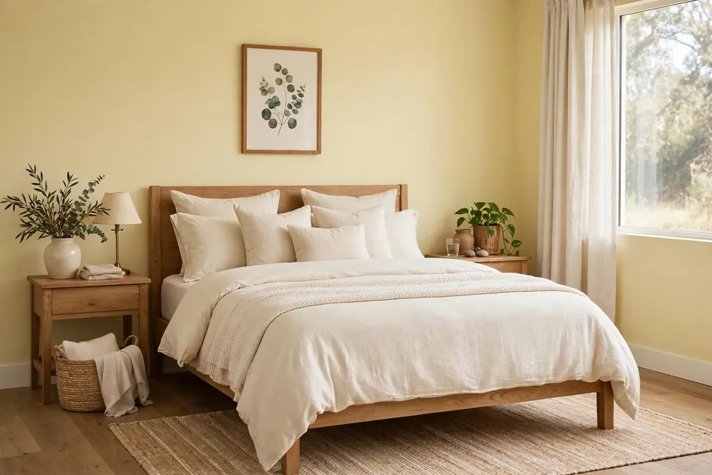 Bedroom with pale butter yellow walls and cream bedding.