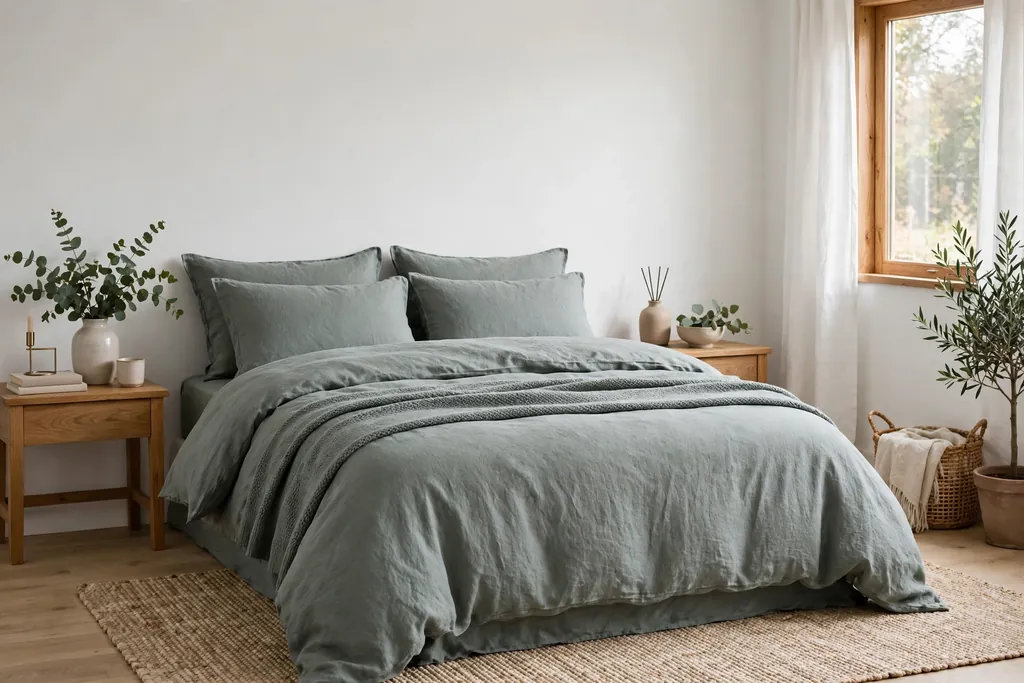 Bedroom with eucalyptus green bedding and white walls.