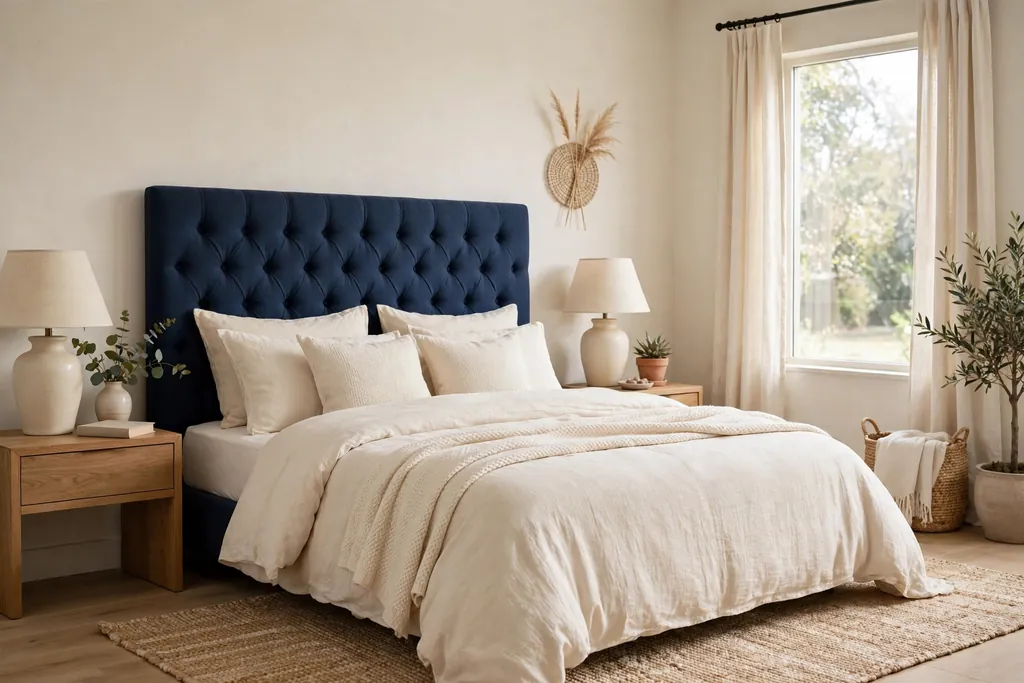 Bedroom with a navy upholstered headboard and cream bedding.