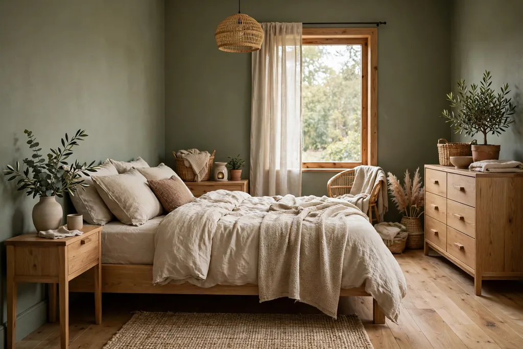 Bedroom with muted olive green walls and natural wood furniture.