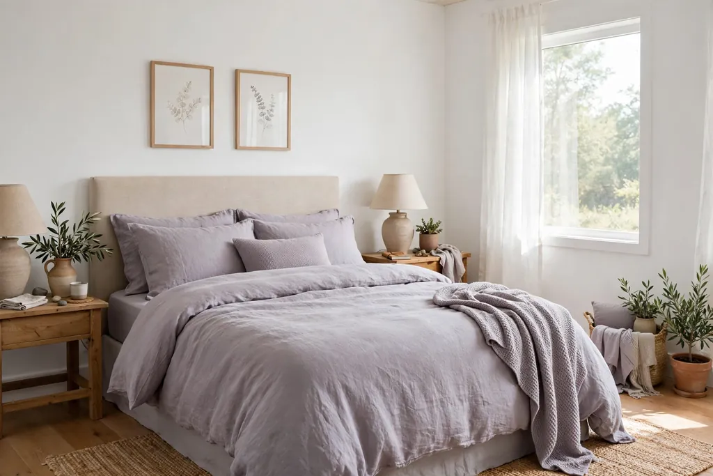 Bedroom with lilac grey bedding and white walls.