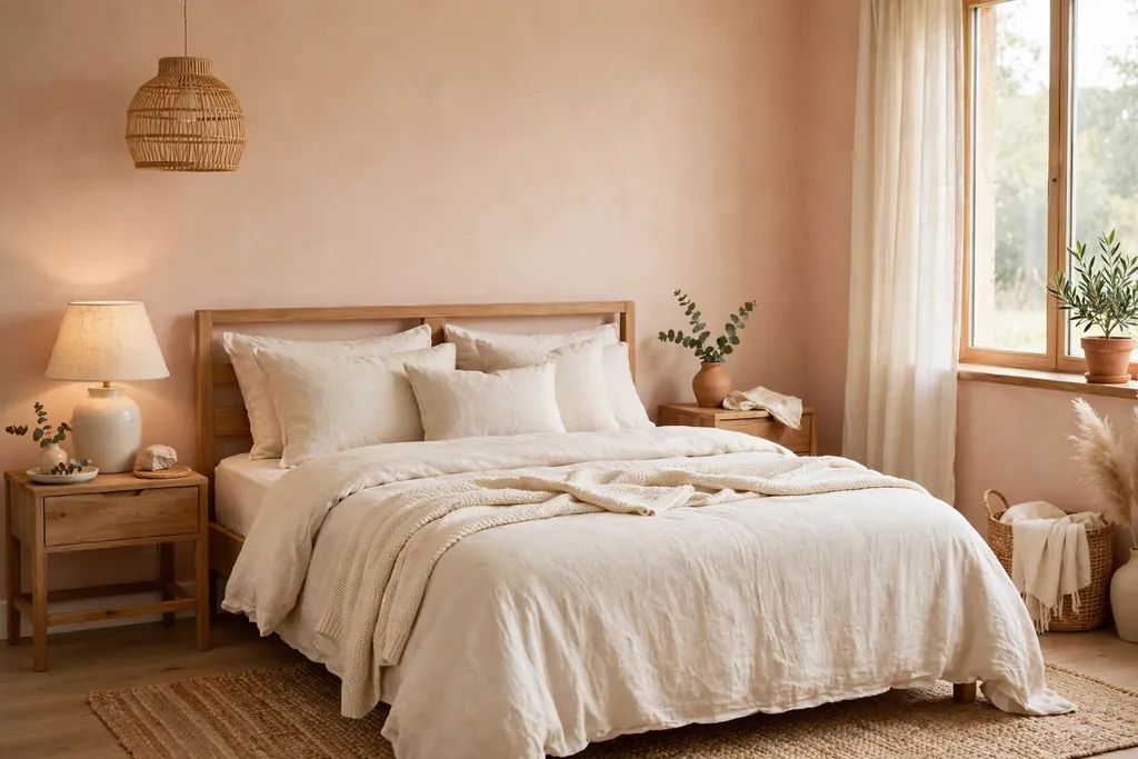 Bedroom with soft peach walls and cream linen bedding.