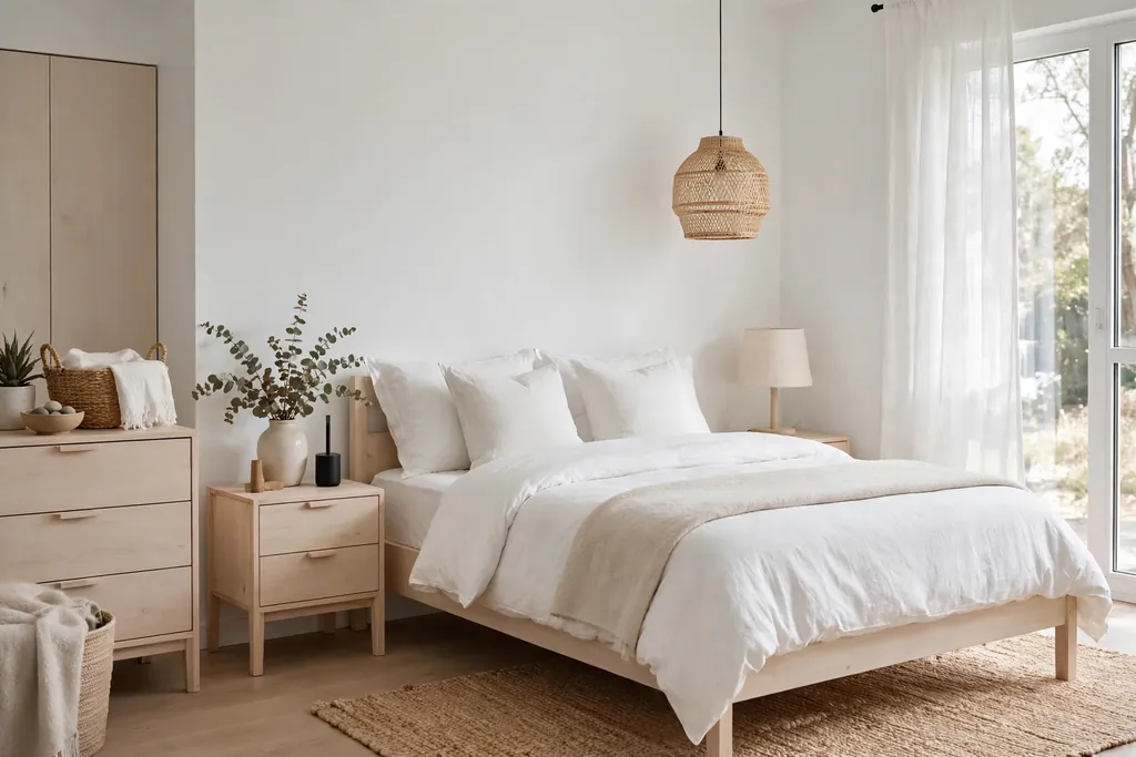 Bedroom with cool white walls, pale wood furniture, and white bedding.