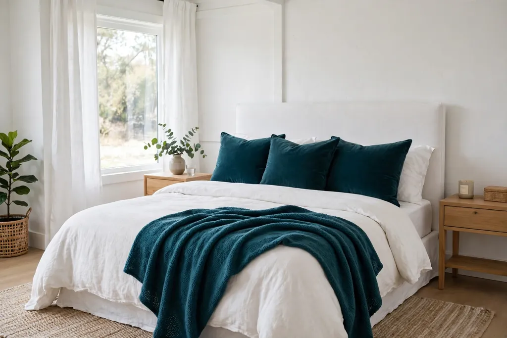 White bedroom bed with deep teal cushions and a teal throw.
