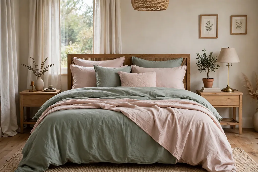 Bedroom bed with sage green and muted blush pink bedding.