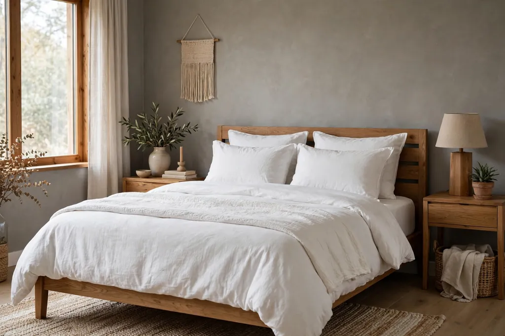 Bedroom with warm stone grey walls, white bedding, and wood accents.