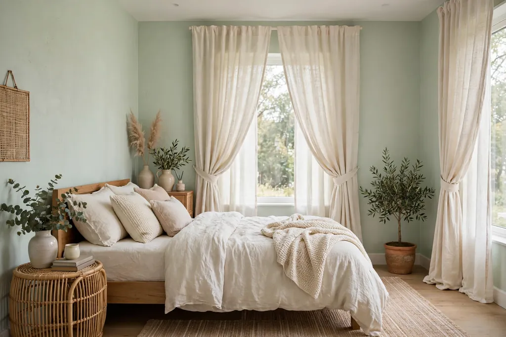 Bedroom with pale mint walls and cream linen curtains.