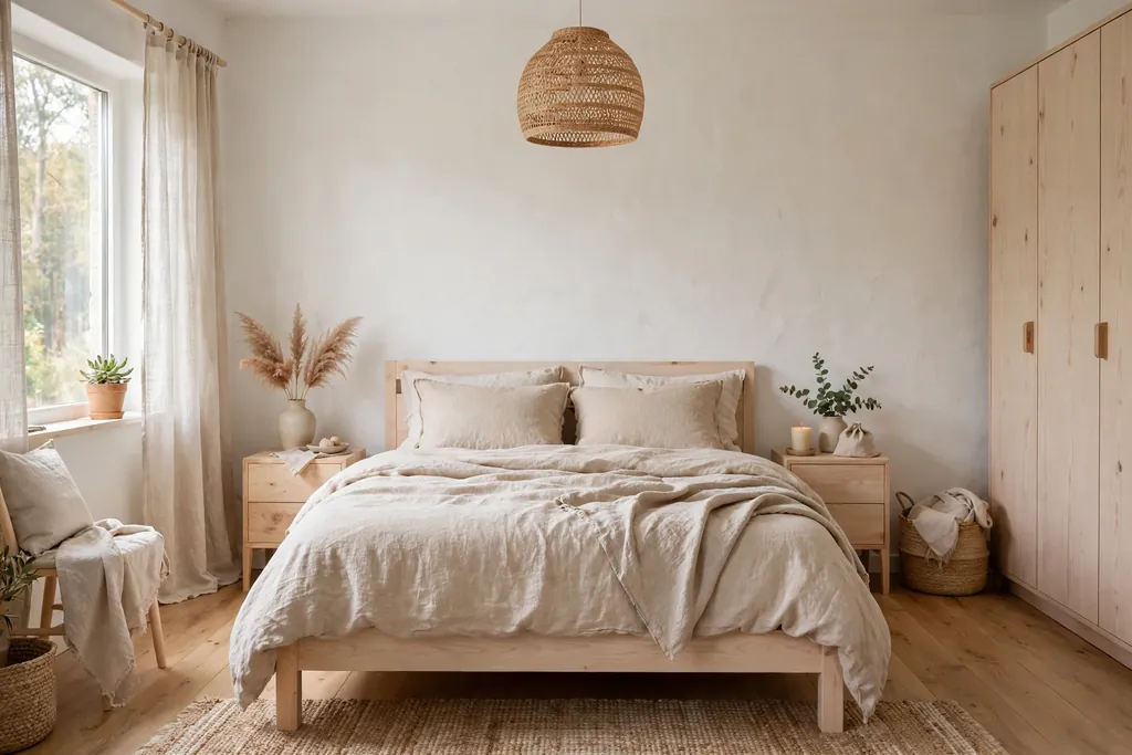 Bedroom in warm white and natural linen with pale wood furniture.