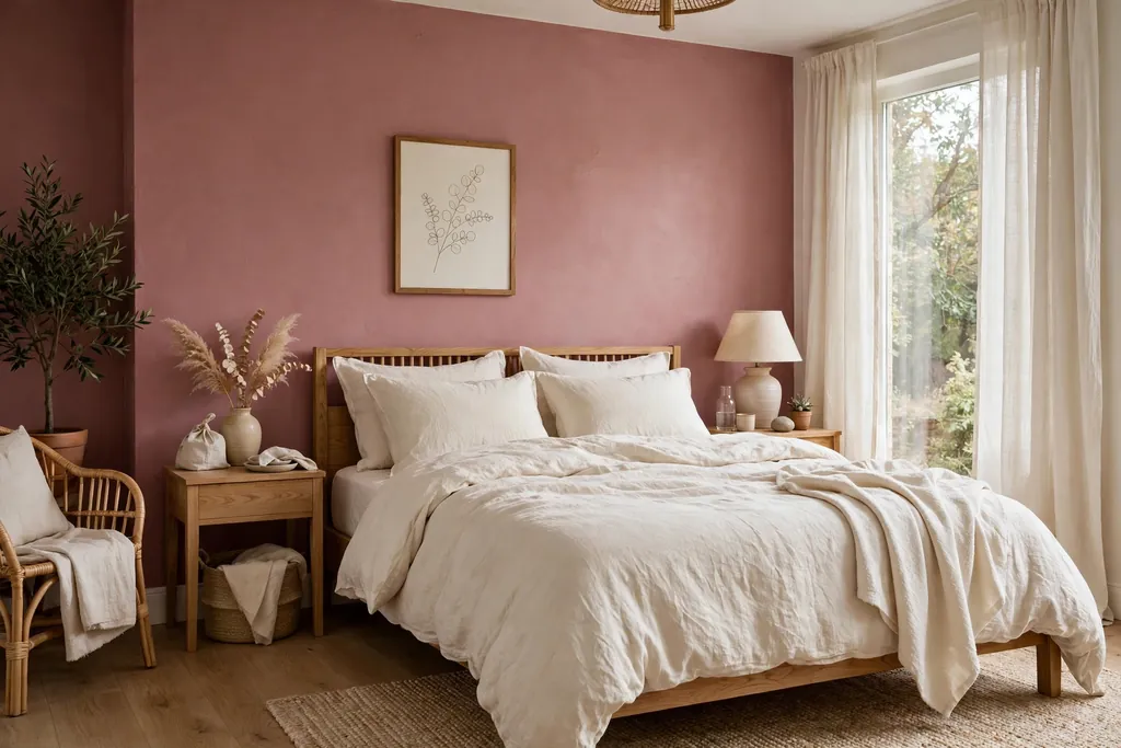 Bedroom with dusty rose walls and cream linen bedding.