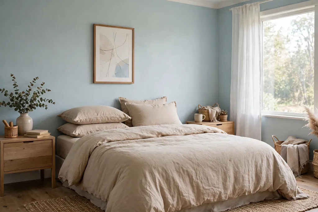 Bedroom with pale blue walls and sand colored bedding.