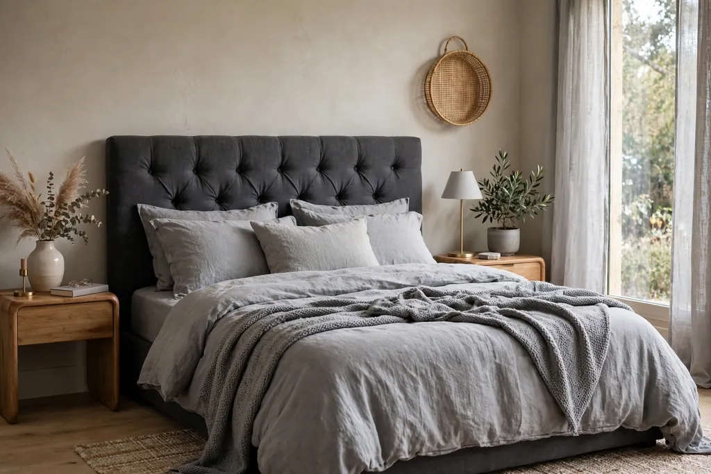 Bedroom with a charcoal upholstered headboard and soft grey bedding.
