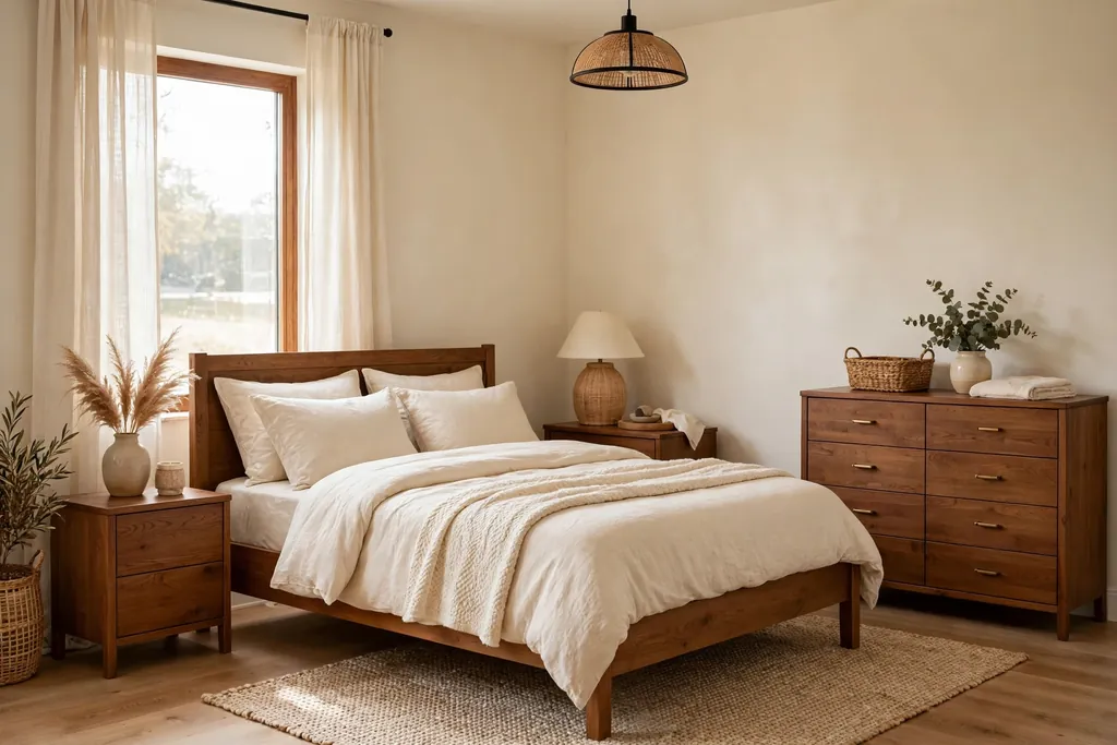 Bedroom with warm brown wood furniture, cream walls, and cream bedding.
