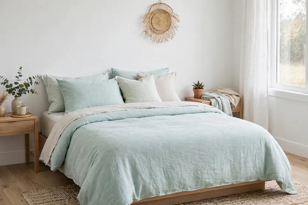 Bedroom with pale aqua bedding and white walls.