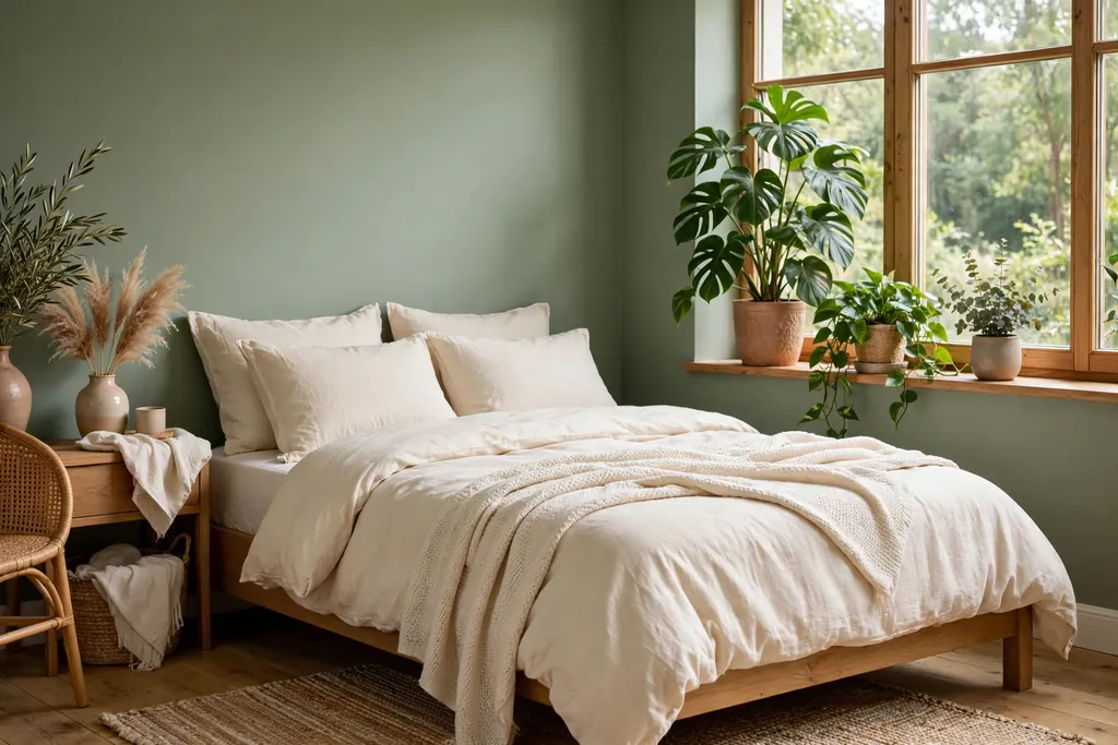 Bedroom with sage walls, cream bedding, and green plants by the window.