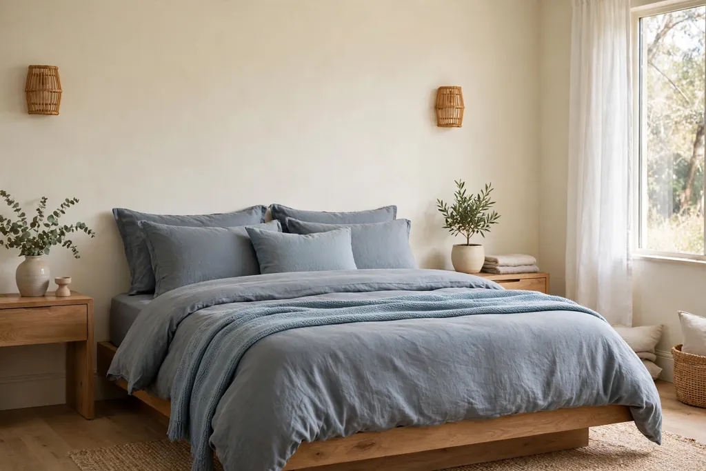 Bedroom with grey blue bedding and cream walls.