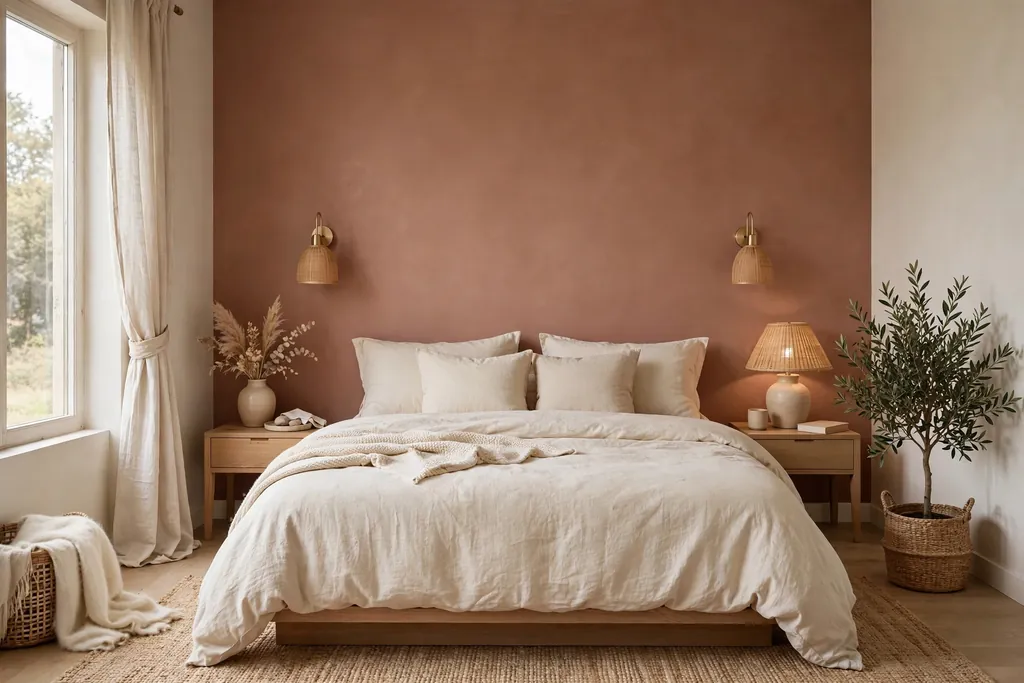 Bedroom with a muted terracotta accent wall and cream bedding.
