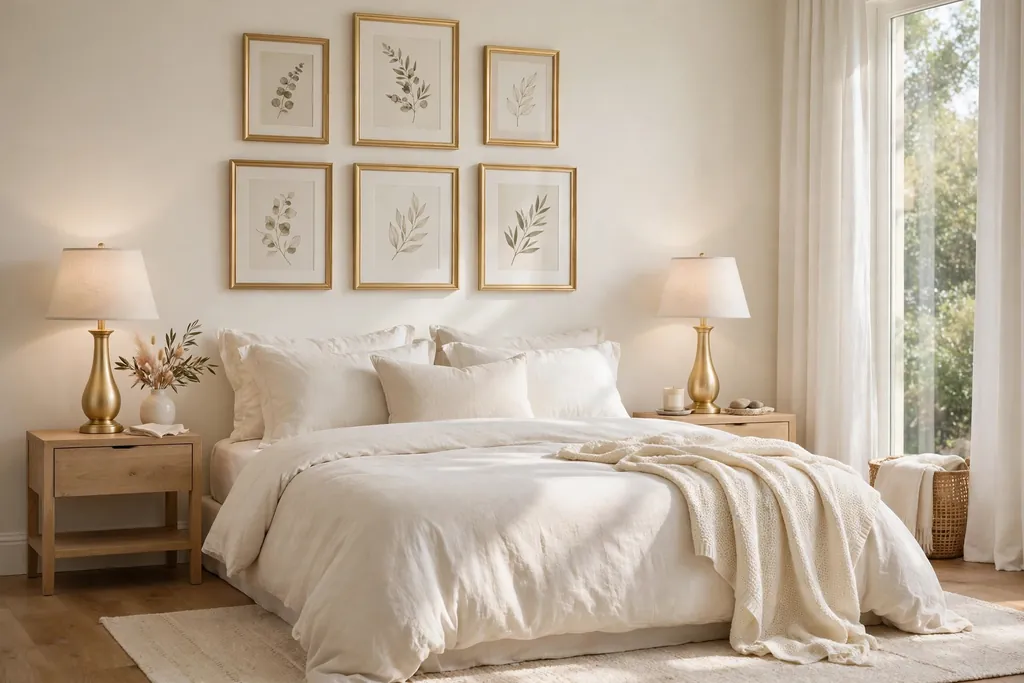Ivory bedroom with soft gold lamp bases and picture frames.