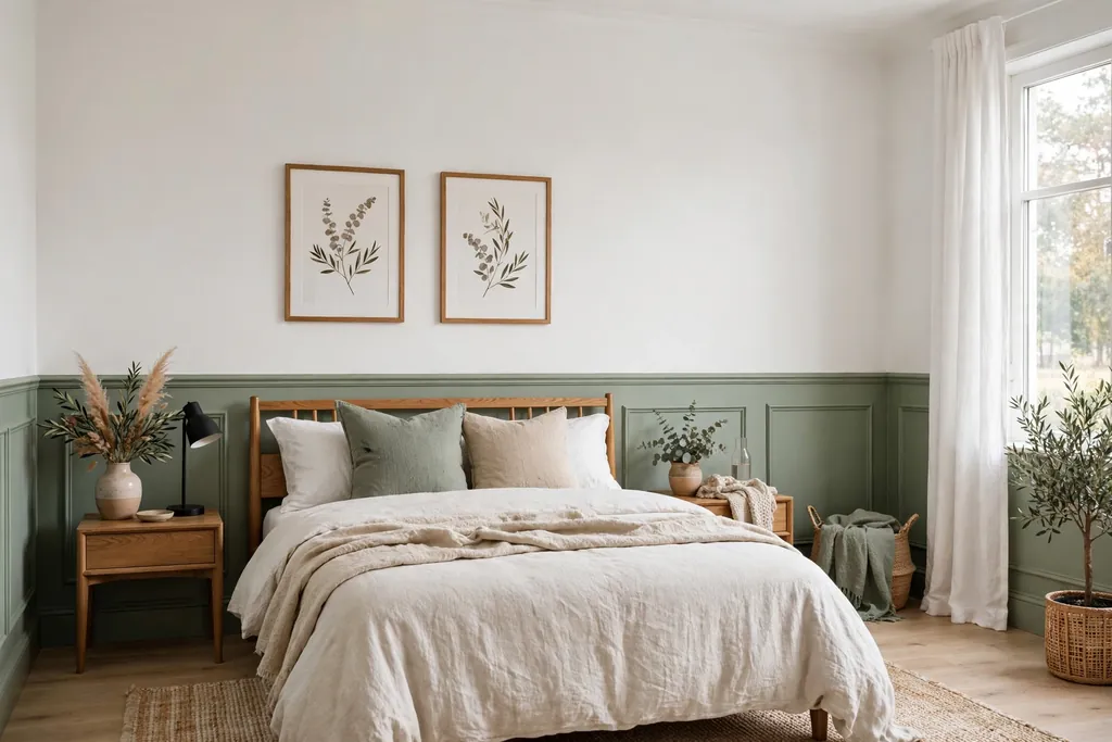 Bedroom with two tone walls, sage below and white above.