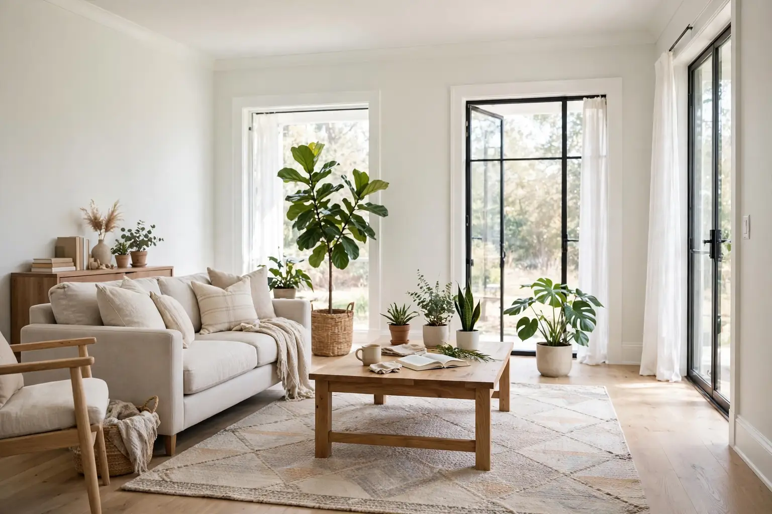 Wide bright living room with freshly painted light walls, white trim, plants, and a washable rug in daylight.