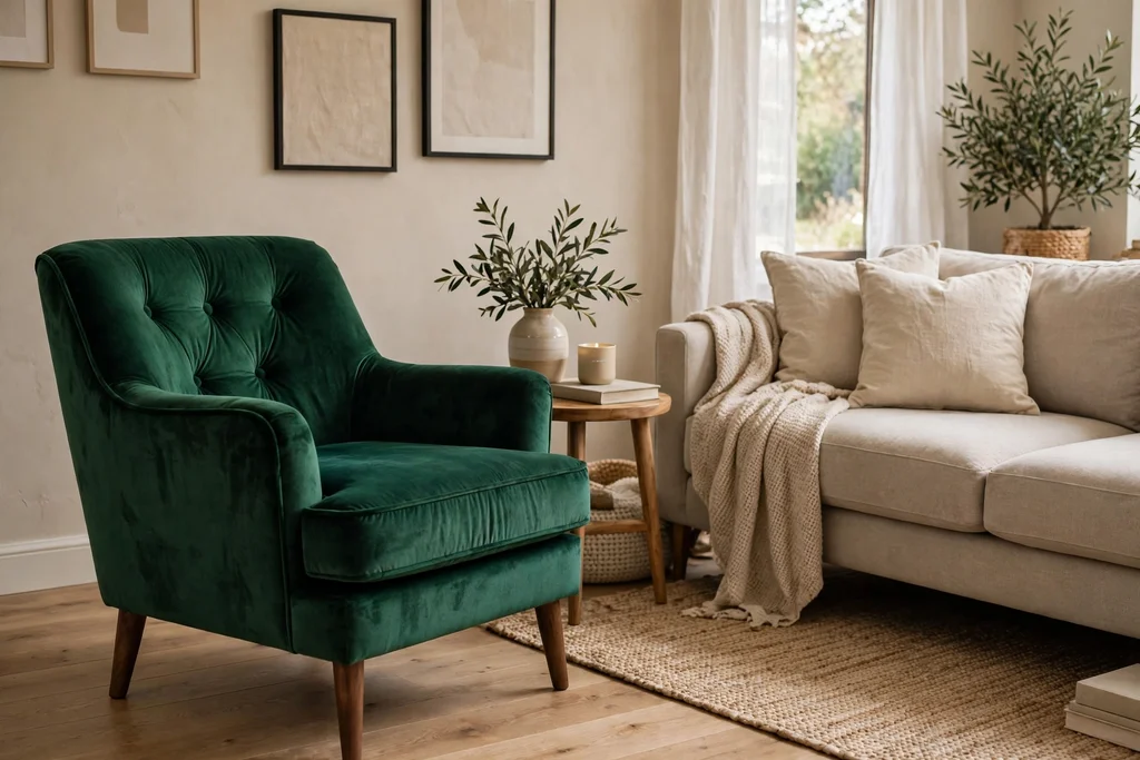 Emerald velvet accent chair angled beside a neutral sofa with a small side table.