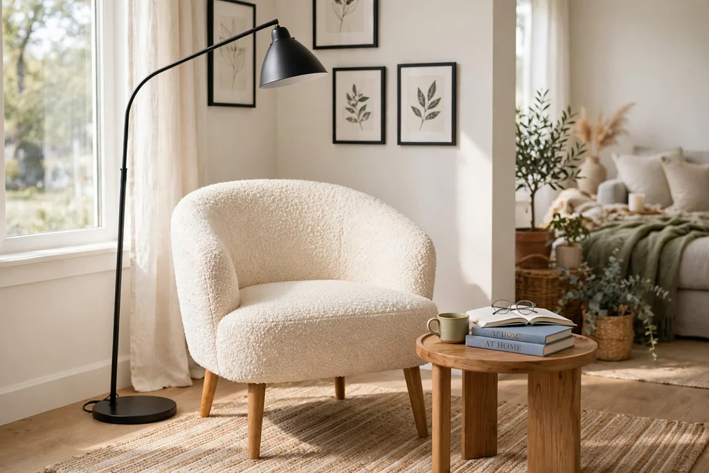 Cream boucle accent chair in a bright reading corner with a floor lamp and a small side table.