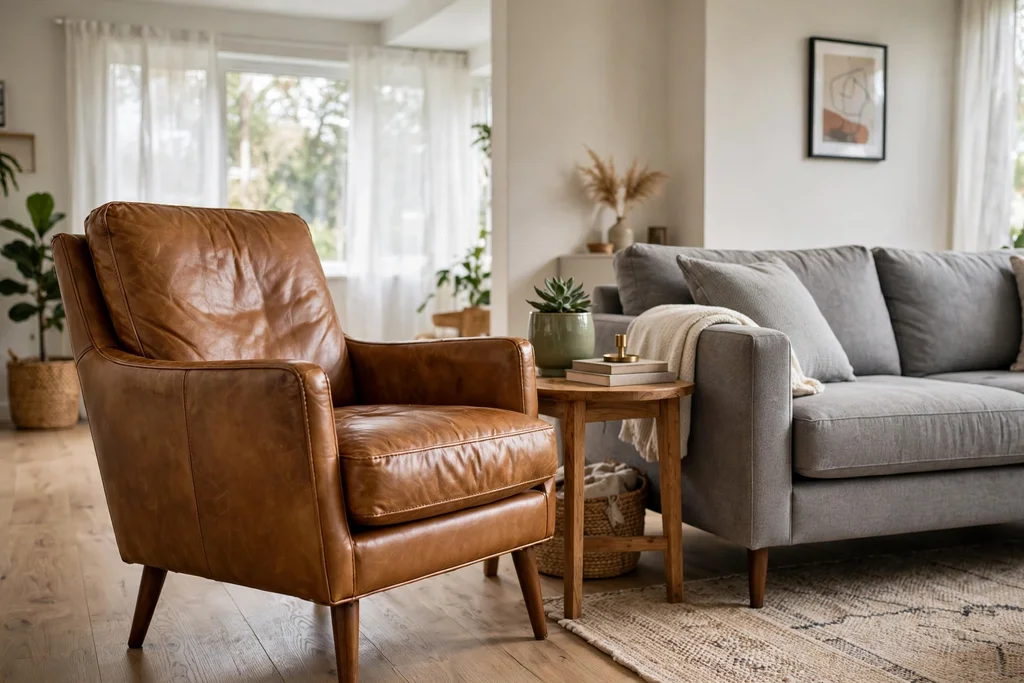 Tan leather accent chair angled toward a grey fabric sofa with a wooden side table.