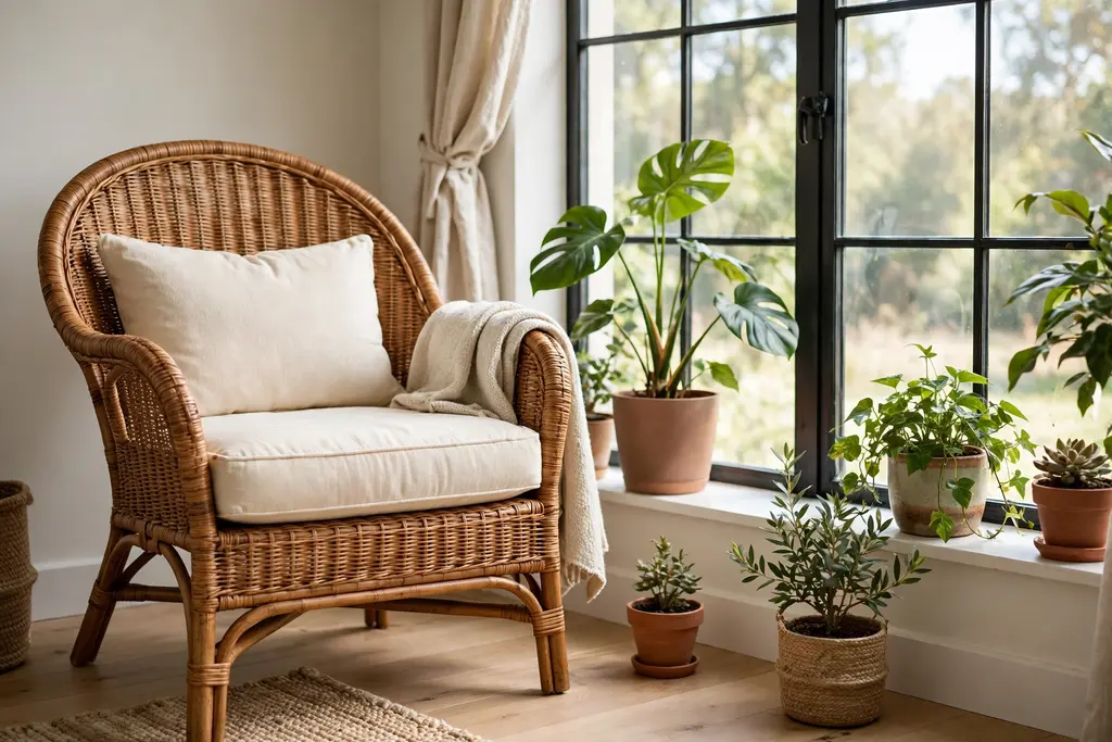 Rattan accent chair with a cream cushion beside a bright window with potted plants.