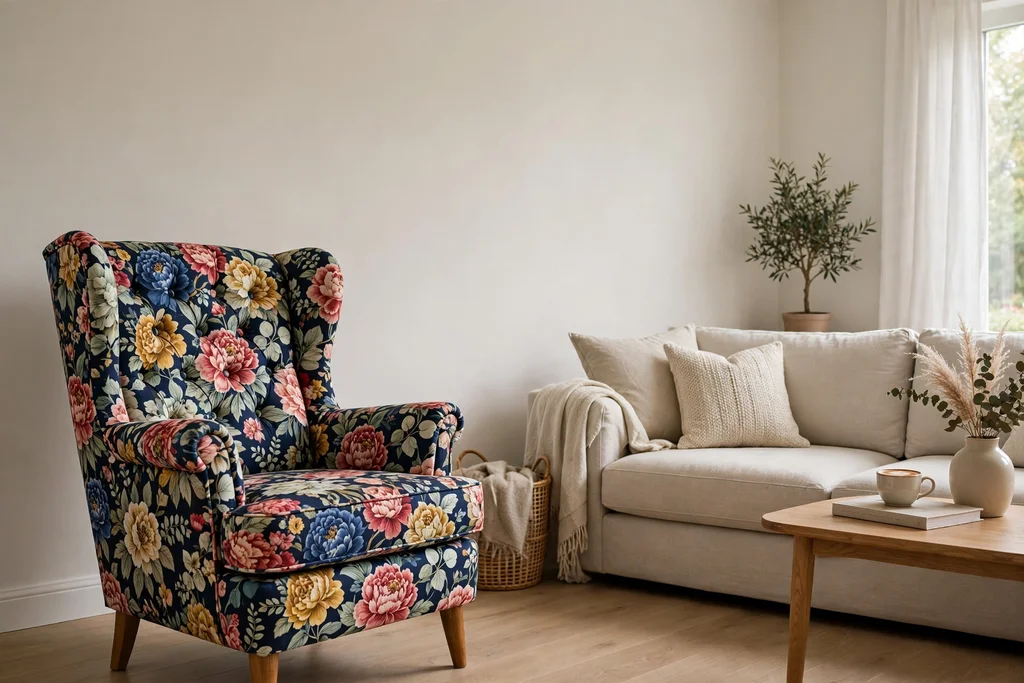 Bold patterned accent chair as the focal point of a plain living room with a neutral sofa.