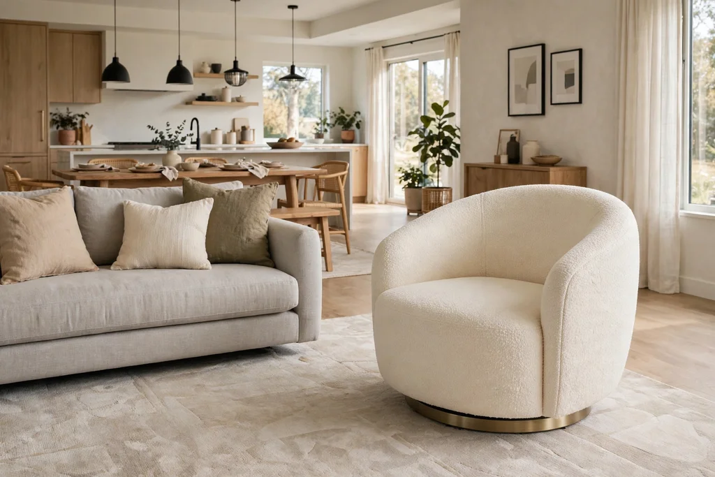 Rounded swivel accent chair in an open plan living room beside a sofa and a rug.
