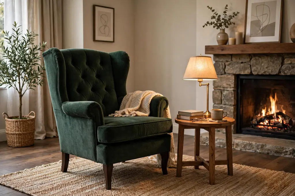 Wingback accent chair angled toward a fireplace with a small side table and a reading lamp.
