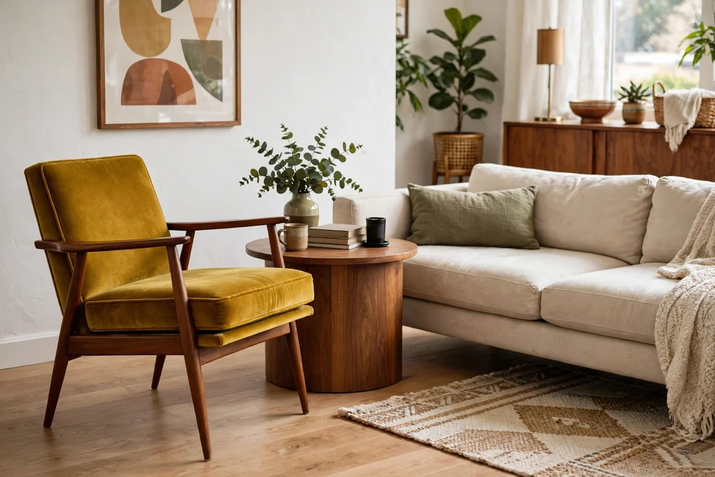 Mid-century accent chair with tapered wood legs beside a low sofa and a round side table.