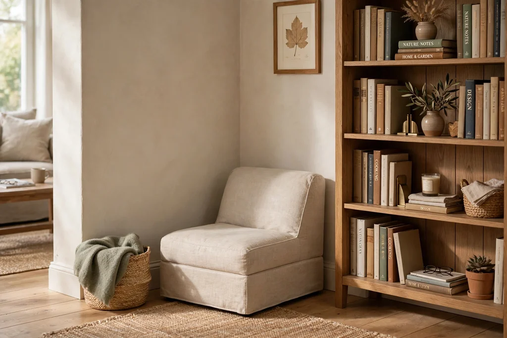 Small slipper chair tucked into a living room corner beside a bookcase.