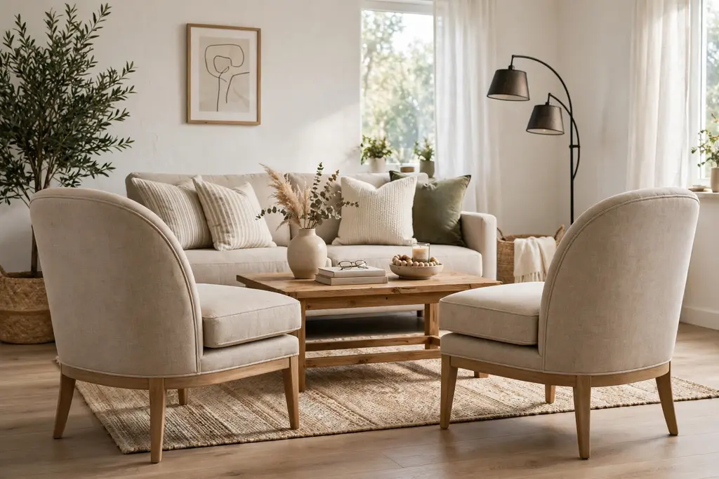 Pair of matching accent chairs facing a sofa with a coffee table between them.