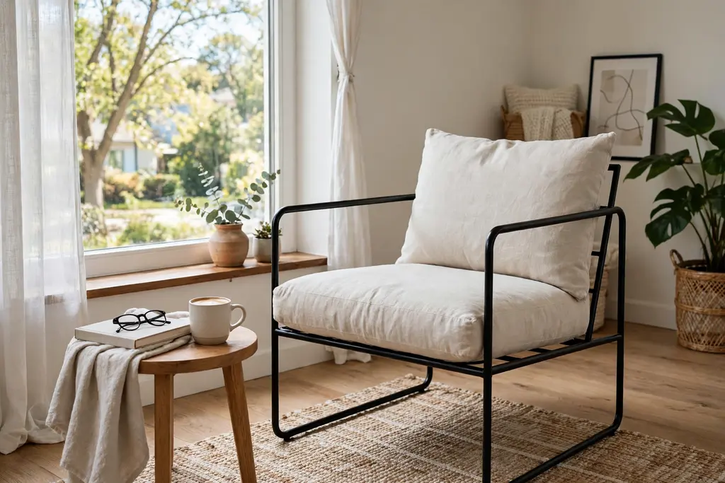 Black metal frame accent chair with pale linen cushions near a bright window.