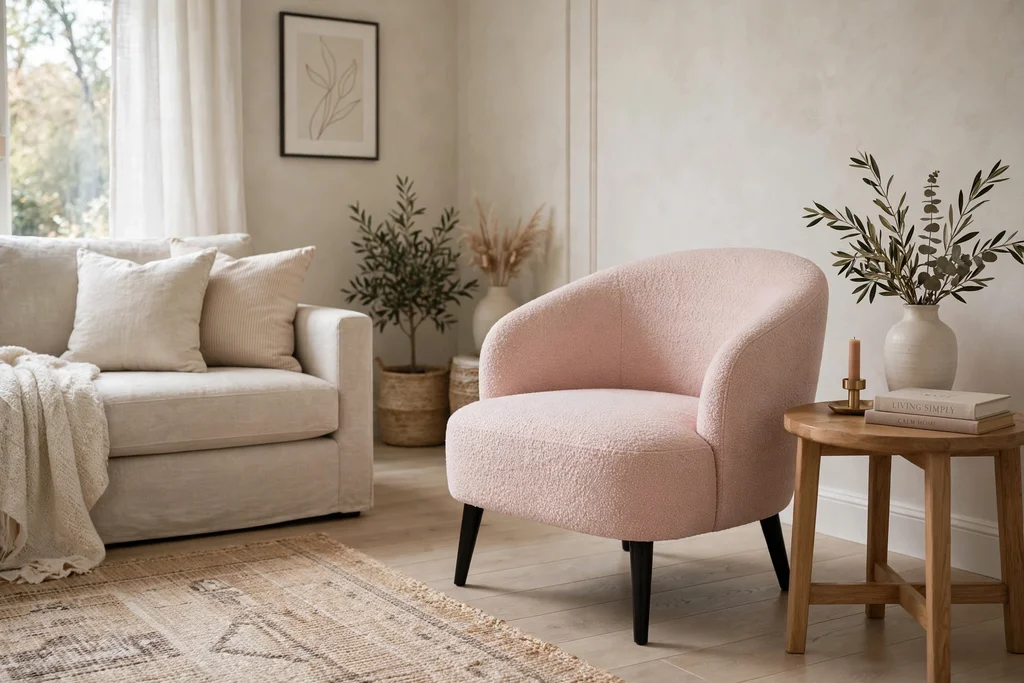 Blush accent chair in a calm neutral living room with a wooden side table.