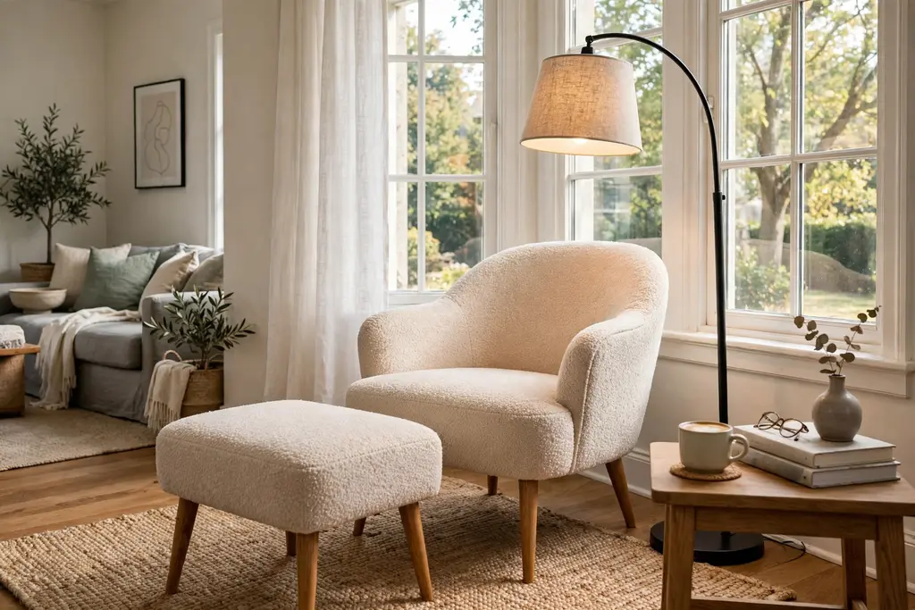 Accent chair with a matching ottoman in a reading nook beside a window and a floor lamp.