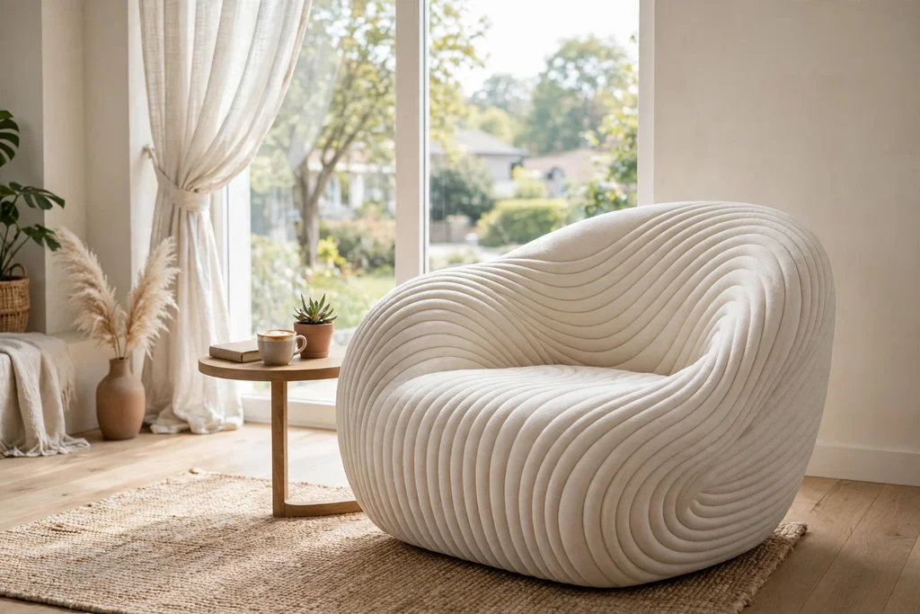 Sculptural curved accent chair by a bright living room window with a small side table.