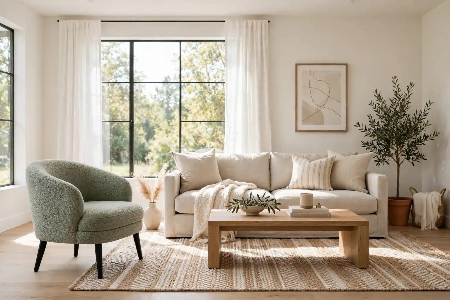 Wide living room with a chic accent chair beside a neutral sofa, a coffee table, and soft daylight.
