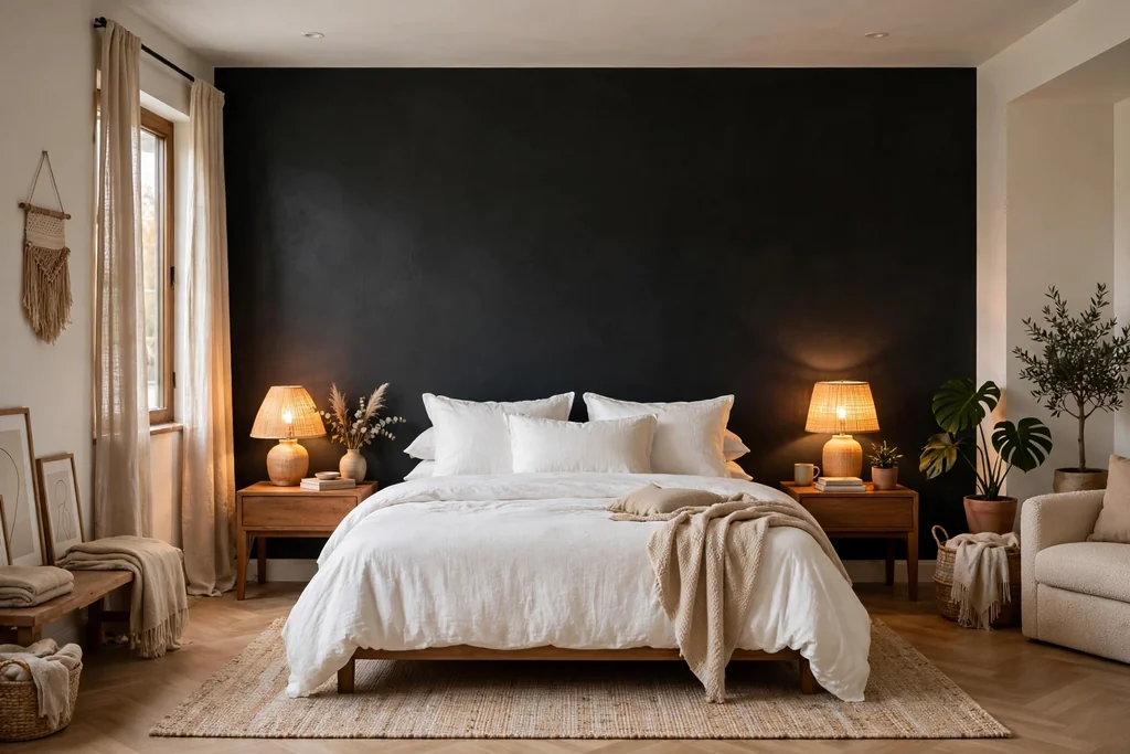 Bedroom with a matte black accent wall behind a bed with white bedding and warm wood bedside tables.