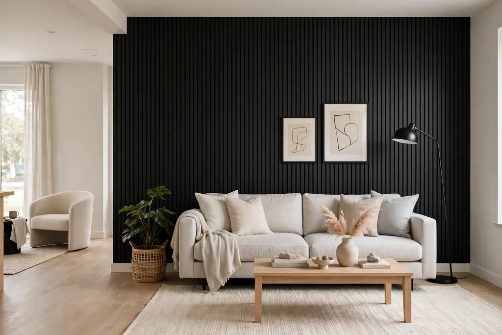 Living room with black vertical wood paneling behind a pale sofa and a light rug.