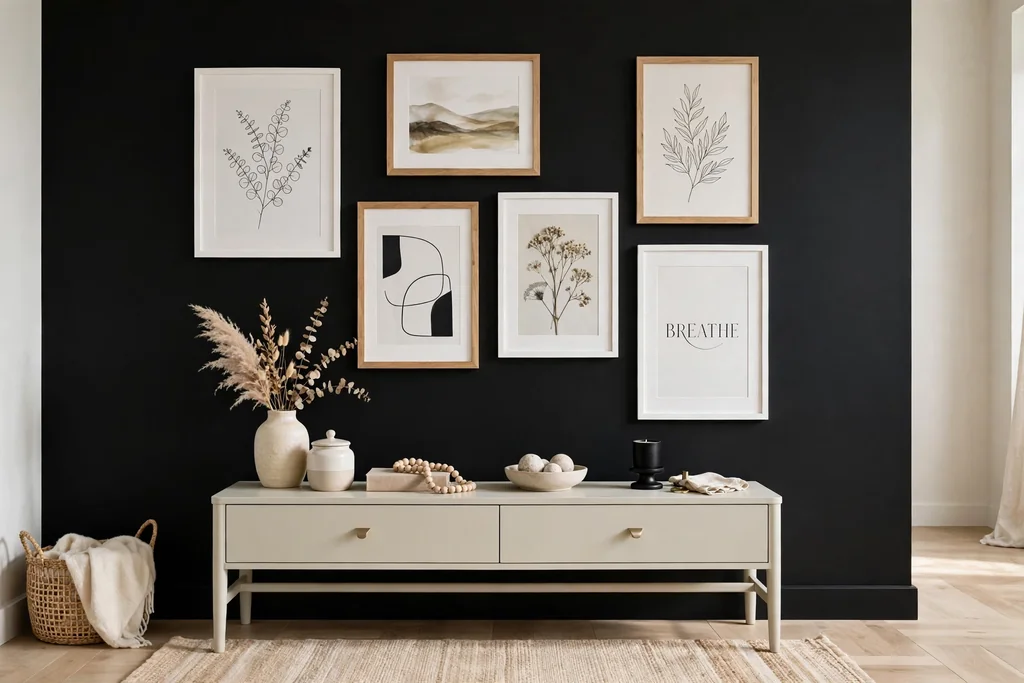 Black gallery wall with art in white and wood frames above a pale console table.