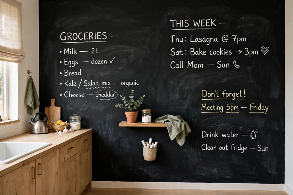 Kitchen black chalkboard wall with handwritten notes and a small shelf holding chalk.