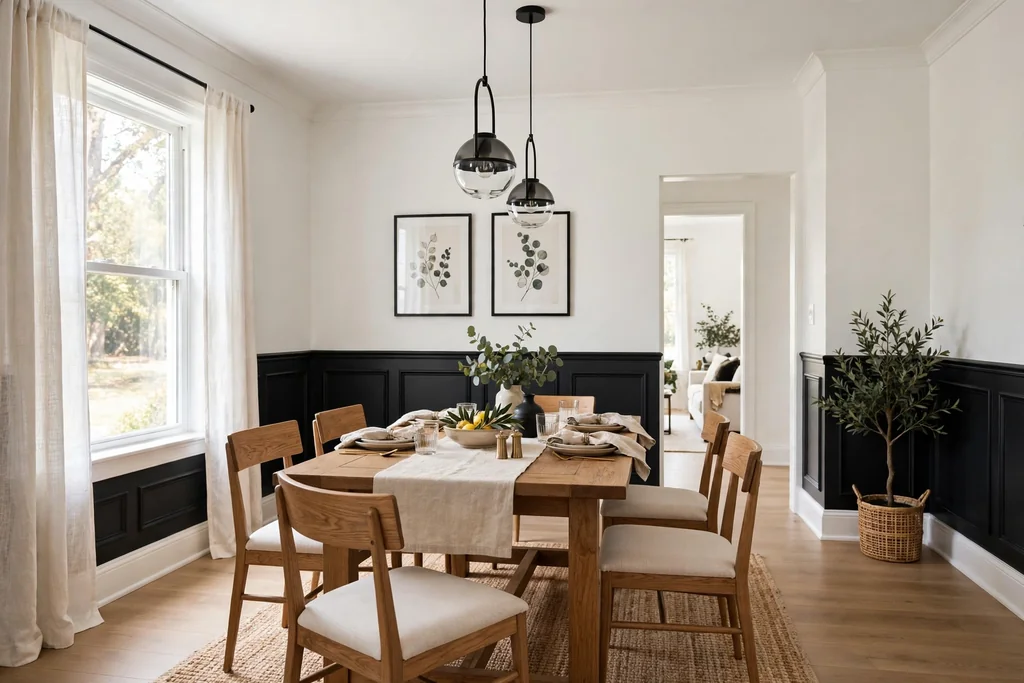 Dining room with black wainscoting below a white chair rail and white walls above.