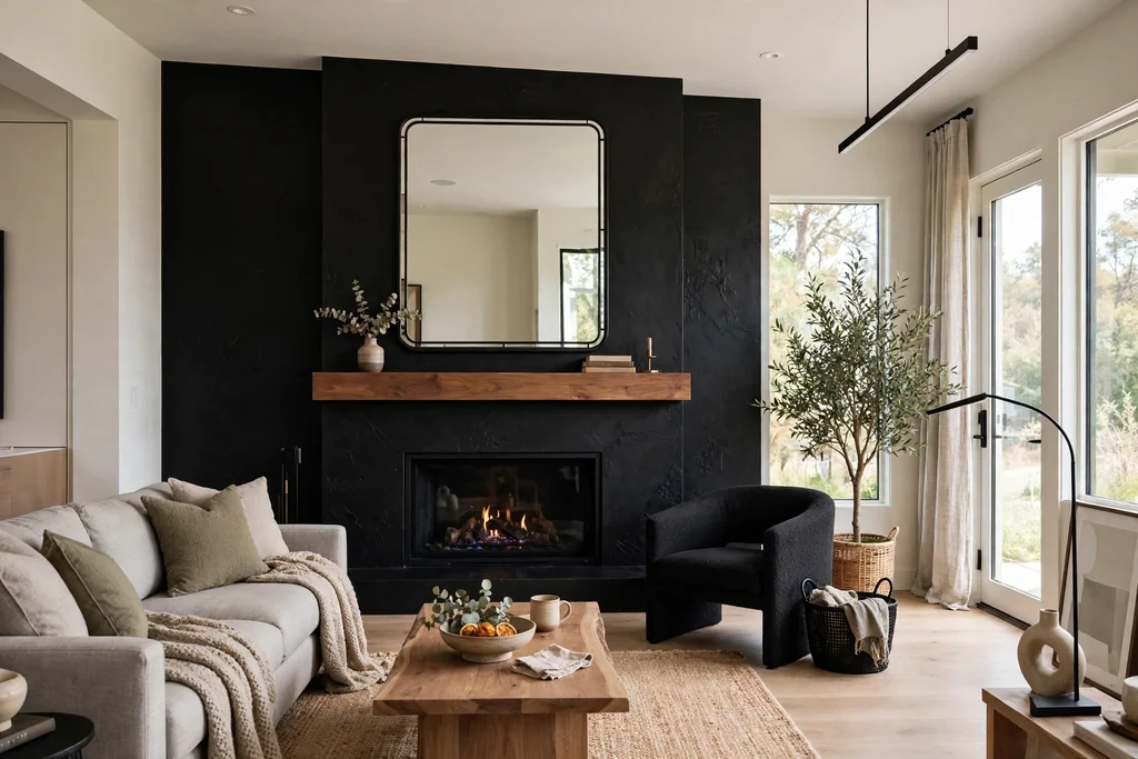 Living room with a black fireplace wall, a wood mantel, and a mirror above the fire.